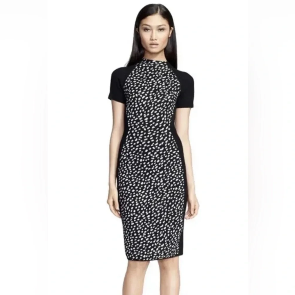 Tory Burch Gemma Sweater Dress Polka Dot Merino Wool Leopard Black White Size L - Picture 4 of 12